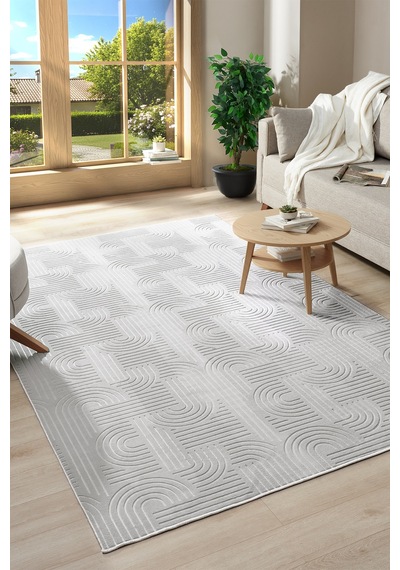 Raschel Carpet Bohem Emboss Premium Seri Kaymaz Taban Jel Taban Halı Yolluk Açık Gri Gri