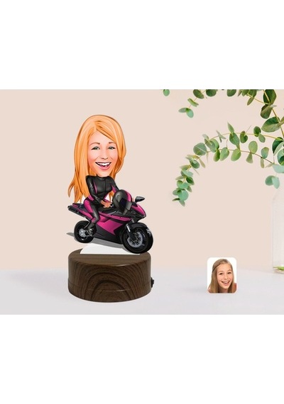 Kişiye Özel Kadın Motorcu Karikatürlü Dekoratif 3D Biblo Led Işık