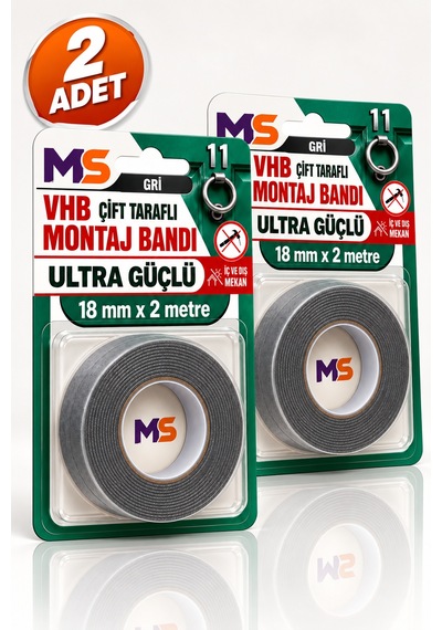 2 Adet Vhb Çift Taraflı Ultra Güçlü Gri 18 Mm X 2 Metre Montaj Bandı Metal Araç Ayna Plastik Bantı Diğer