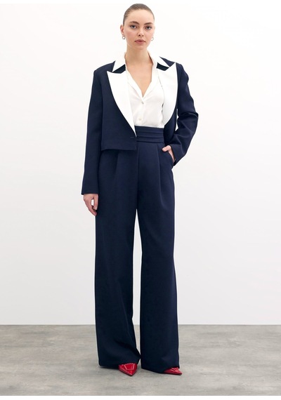 Sateen Bel Detaylı Cepli Pantolon - Lacivert-133701 Lacivert