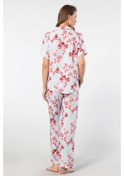 Türen Kadın Desenli Kısa Kol Dokuma Pijama Takımı Mavi