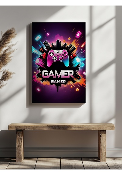 Gamer Yazılı Oyun Kumandası Ev Ofis Mutfak Salon Duvar Dekorasyon Kanvas Tablo