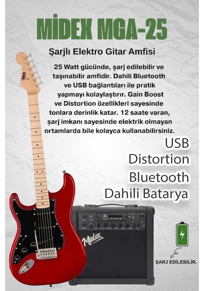 Midex Rph-31rd-25amp Solak Elektro Gitar 25w Amfili Full Set