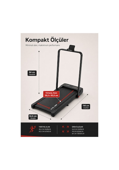 Voit Compact Ultra Hafif Koşu Bandı – Manuel Eğimli, Katlanabilir Tasarım 10Km/Hız