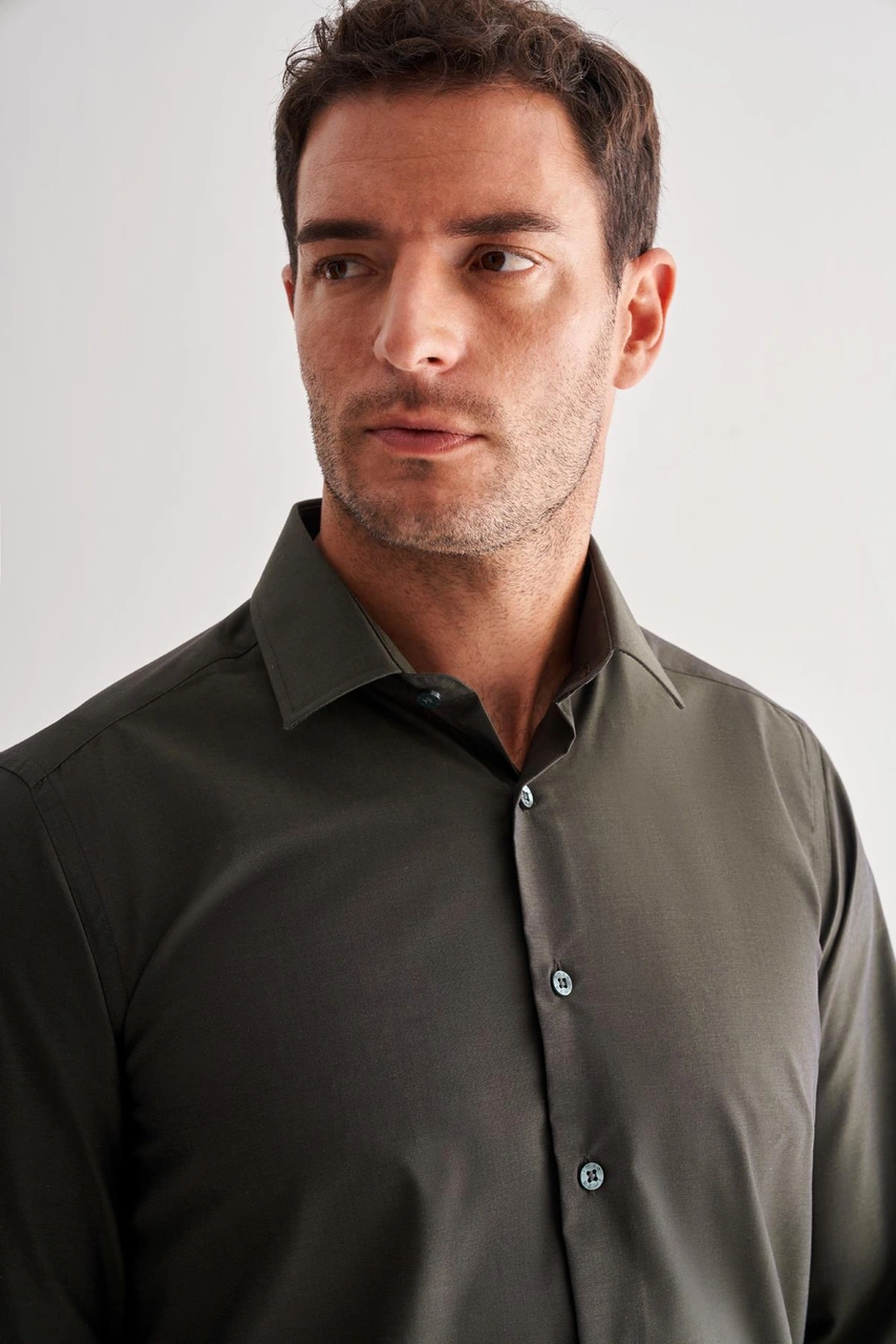 İmza Haki Sert Yaka Filafil Desen Uzun Kol Slim Fit Pamuklu Gömlek 1004255181 Haki