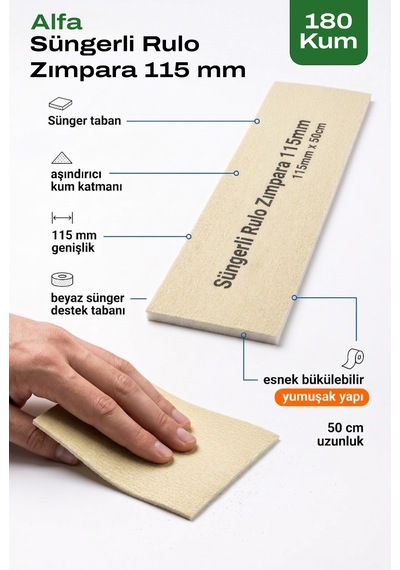 115 Mm Alfa Süngerli Rulo Zımpara 180 Kum 50 Cm Esnek Destek Tabanlı