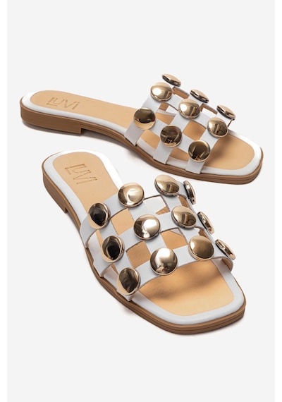 Luvishoes Bareon Beyaz Cilt Hakiki Deri Bantlı Altın Tokalı Kadın Terlik