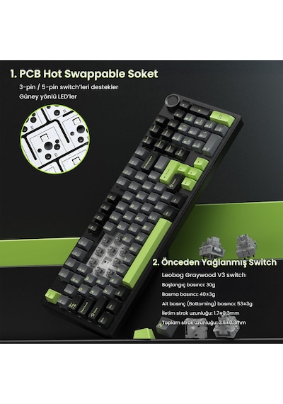 Aula F99 Pro 3 Modlu Rgb Hot Swap Mekanik Graywood V3 Switch Kablosuz Makrolu Klavye Yeşil