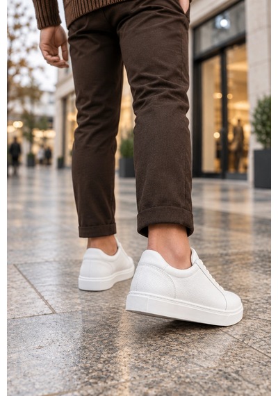 Mevese Etile Bağcıklı Cilt Erkek Günlük Sneaker Ayakkabı - Beyaz