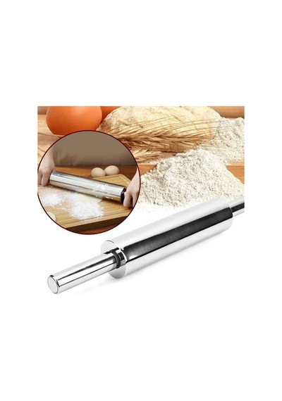 44 Cm Paslanmaz Metal Çelik Merdane Ergonomik Kulplu Çelik Profesyonel Hamur Açma Merdanesi