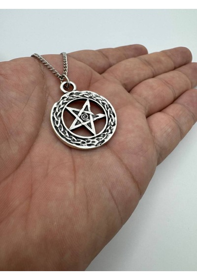 Pentagram İşlemeli Unisex Kolye 60 Cm Zincirli, Gotik & Mistik Metal Takı Çok renkli