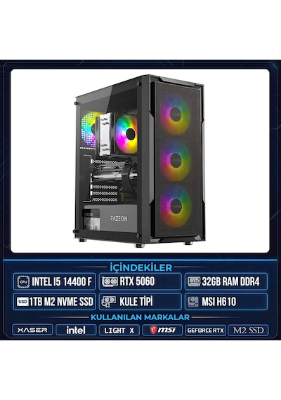 Xaser LIGHT X70 i5-14400F 32 GB 1 TB M.2 NVMe SSD 8 GB RTX5060 Free Dos Masaüstü Oyuncu Bilgisayarı