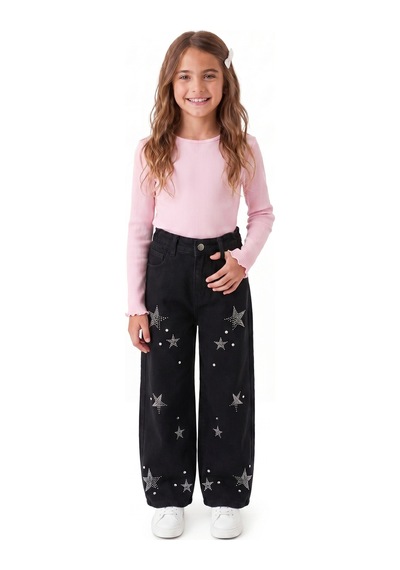 Onloox Kız Çocuk Siyah Kız Çocuk Siyah Pamuklu Denim Geniş Paça Regular Kesim Taşlı Yıldız Aksesuarlı Pantolon 6-9 Yaş