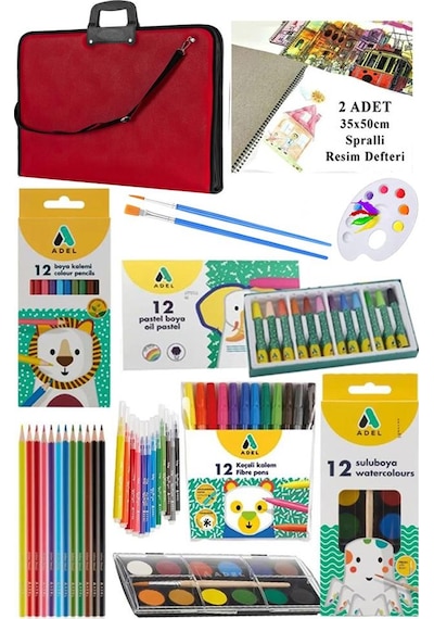 Öğrenci Boyama Seti 10 Parça 1 Paket 35x50 Resim Çantası Resim Defter Adel Sulu Boya Kuru Boya Pastel Boya Keçeli Kalem