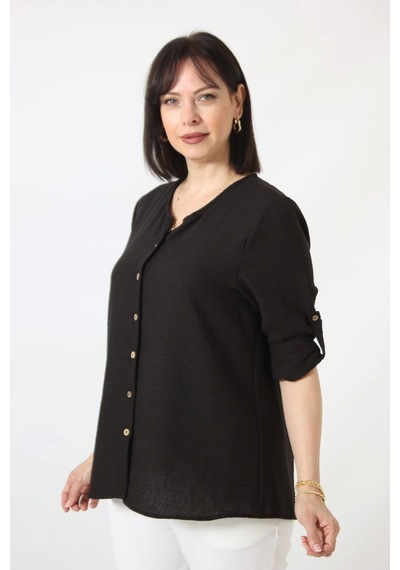 Moda Berray Sb-0169 Keten Kolu Apoletli Sıfır Yaka Büyük Beden Siyah Gömlek Siyah