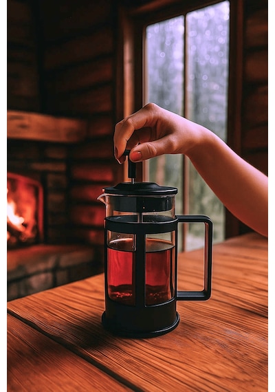 600 Ml Cam French Press Kahve & Bitki Çayı Demleme Bardağı Siyah - Şeffaf