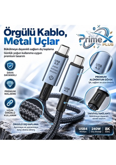 Primex Px-pd240w-2 Usb4 Type-c To Type-c Kablo 2 Metre, 240w Pd Hızlı Şarj, 40gbps Veri Aktarımı, 8k 60hz Görüntü, E-marker Çip, Thunderbolt 3/4 Uyumlu Usb-c Kablo