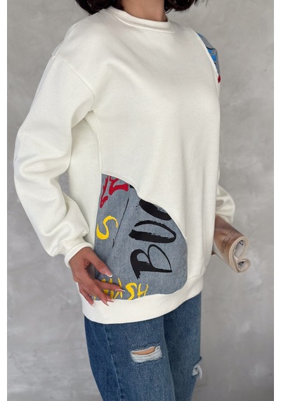 Femelle Kadın Beyaz Şardonlu Tasarım Kot Detaylı Sweatshirt