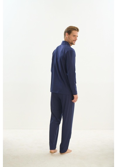 Sevim Erkek Uzun Kol Gömlek Yaka Önden Düğmeli Lacivert Pijama Takım C0t1n5o9 001