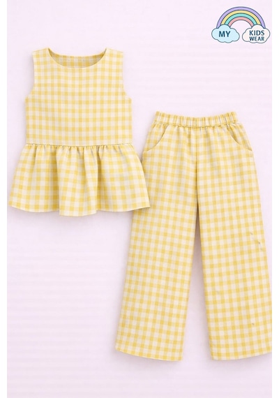 My Kids Wear Kız Çocuk Pötikareli Peplum Bluz Ve Pantolon Takımı 12690 Sarı