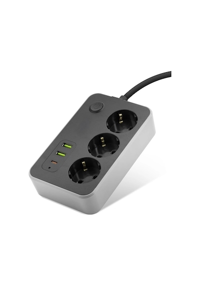 Topraklı Termal Akım Korumalı Uzatma Kablosu Anahtarlı 3 Priz 2 Usb 1 Type-c 2 M Siyah Sh4626