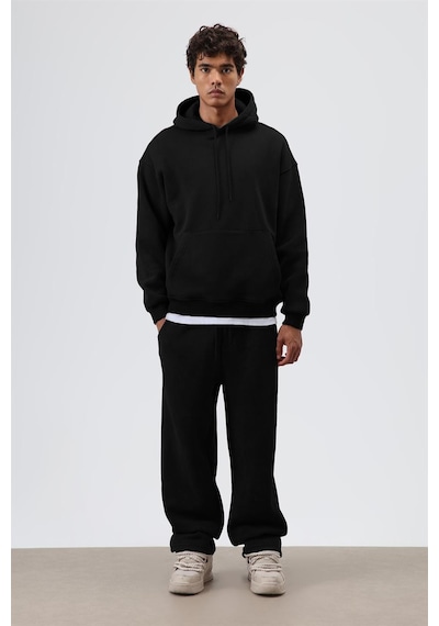 Vamos Basic Oversize Yıkamalı Hoodie Siyah