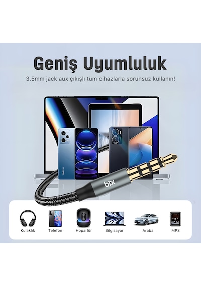 Bix BXAU3C Hi-fi 3.5 Mm Jack Örgülü Aux Ses Kablosu 2 M