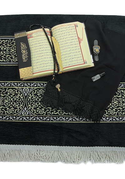 Hediyelik Kuran-ı Kerim, Eşarp, Tesbih Ve Seccade Kabe Maketi Seti Siyah