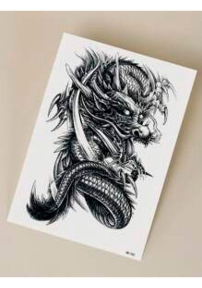 Cool Dragon Geçici Dövme Çıkartması - Kol, Bacak Ve Omuz İçin Büyük Boy Su Geçirmez Tattoo Siyah