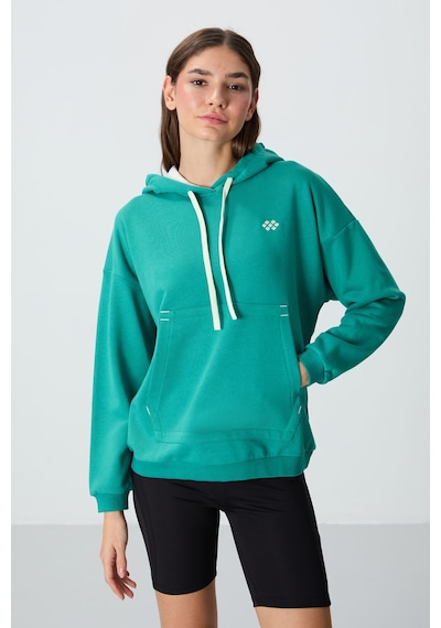 Tommy Life Deniz Yeşili Kompakt Pamuklu Kalın Pürüzsüz Dokulu Kapüşonlu Oversize Fit Kadın Sweatshirt - 97291 Yeşil
