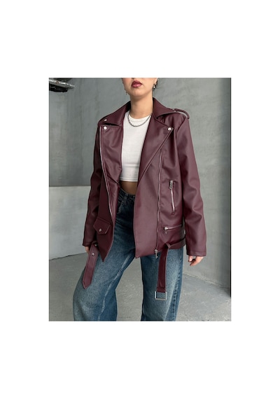 Meecy Kadın Oversize Biker Deri Ceket Bordo Bordo