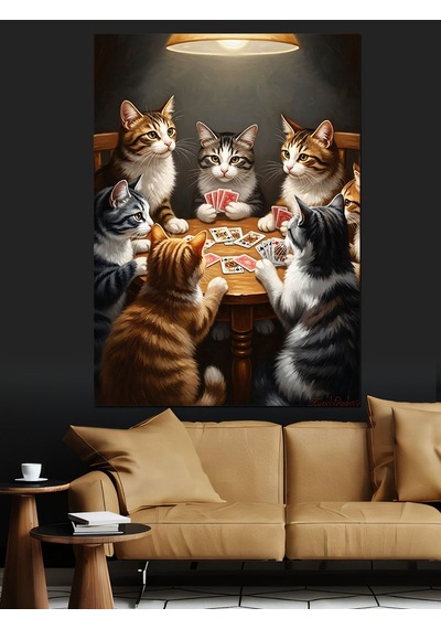 Ahşap Tablo Masada Poker Oynayan Kediler