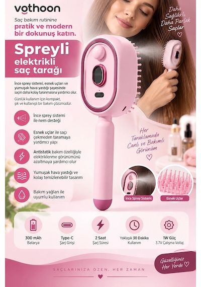 Elektrikli Spreyli Saç Tarağı 300 Mah Type C Şarjlı İnce Spreyli Antistatik Bakım Fırçası