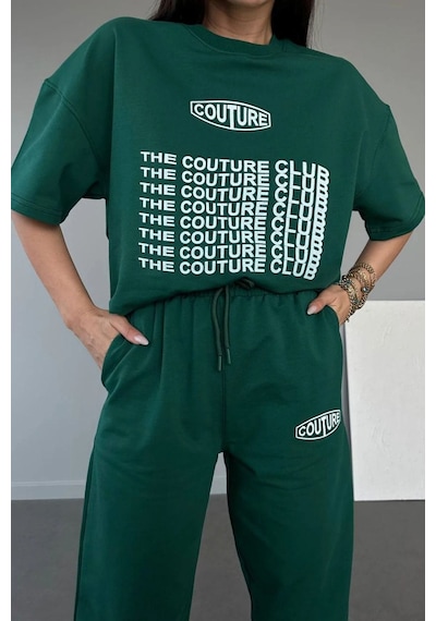 Couture Club T-shirt Eşofman Altı Jogger- Yeşil Baskılı Alt Üst Eşofman Takım Oversize Bisiklet Yak Yeşil