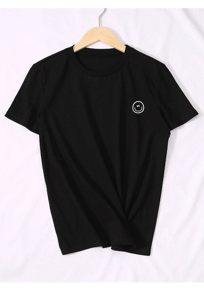 Unisex Siyah Oversize Gülen Yüz Emoji Baskılı Örme T-shirt Siyah
