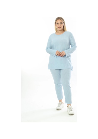 Modasehle Büyük Beden Uzun Kollu Yüksek Bel Beli Lastikli Yırtmaçlı İnce Pijama Takım Uzun-mavi Modasehle Büyük Beden Uzun Kollu Yüksek Bel Beli Lastikli Yırtmaçlı İnce Pijama Takım Uzun-mavi