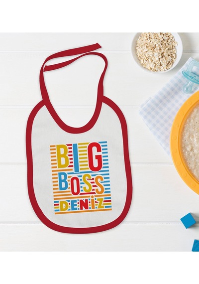 BK Kids Kişiye Özel Big Boss Tasarımlı Kırmızı Bebek Mama Önlüğü- Kırmızı