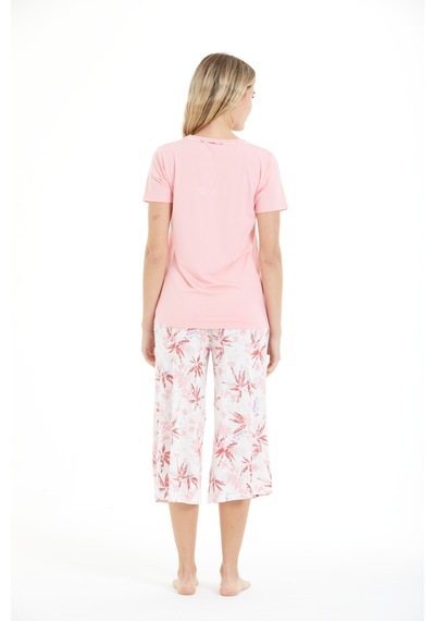 Lılac Kadın Çiçek Desenli %100 Viscon Capri Pijama Takımı Beyaz - Pembe