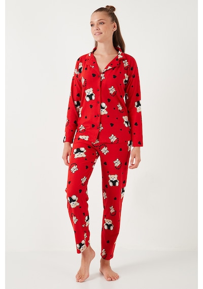 Lela Streç Standart Fit Desenli Bayan Pijama Takımı 60956602 Kırmızı