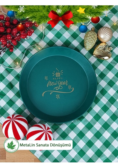 Yeşil Yılbaşı Sunum Tepsi 24 Cm, Servis Tepsisi, Kahve Tepsisi, Happy New Year Baskılı