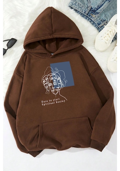 Uyguntarz Unisex Minimal Line Drawing Baskılı Sweatshirt Kahverengi