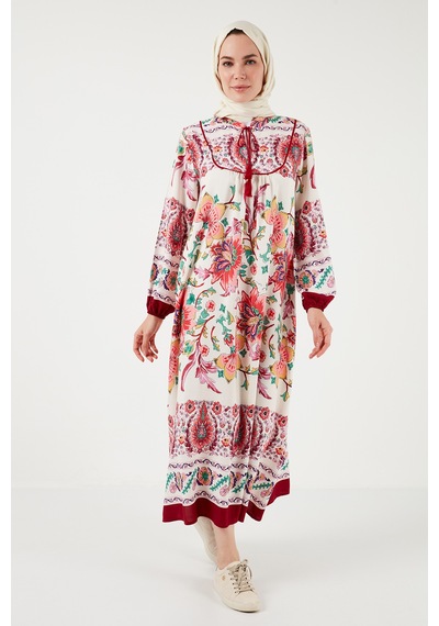 Lela Modest Desenli Regular Fit Bağlamalı V Yaka Maxi Bayan Elbise 611El510 Bordo