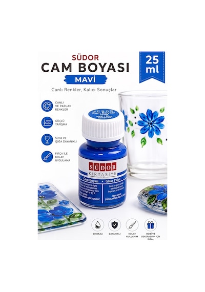 Cam Boyası Vitray Boyası 25 Ml 1 Adet Südor Su Bazlı Renkli Cam Vitray Boyası Sanat Hobi Mavi