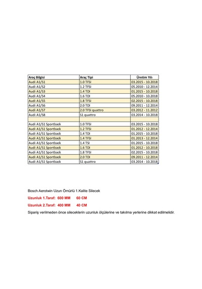 Audi A1/s1 Sportback 1.0/1.2/1.4/1.6/1.8/2.0/s1 Aerotwin Ön Silecek Tk 60/40cm 09.2011 - 10.2018