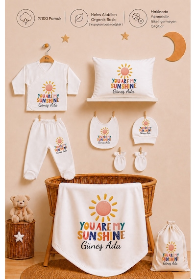 Pia Baby Kişiye Özel %100 Pamuk Kız Bebek Hastane Çıkışı Zıbın Seti 8 Parça Kese Hediyeli 2061zybkyx Krem