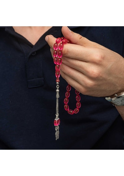 Gümüş Püsküllü Pembe Ateş Kehribar Tesbih Sl12273 Gümüş