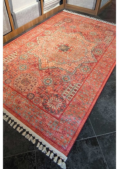 Frenda Home Vintage Desen Pamuk Taban Baskılı Yıkanabilir Halı Kırmızı