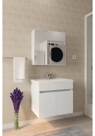 Tokyo 65 Cm Banyo Dolabı Takımı Aynalı Mdf Gövde Seramik Lavabolu