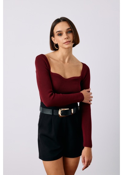 Sateen Kalp Yaka Triko Bluz - Bordo-135189 Bordo
