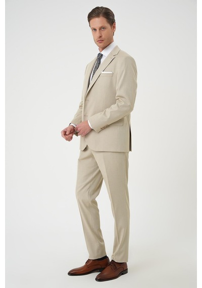 Efor Slim Fit Dokulu Çift Yırtmaç Yelekli Klasik Bej Takım Elbise Tk 898 Bej